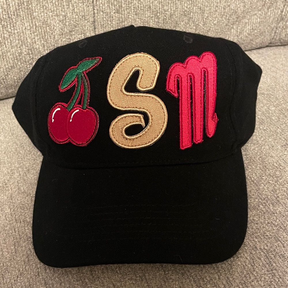 Steve Madden Black Cap with Cherry and SM Letter Patches NWT $38